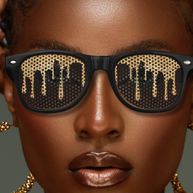 Gafas De Fiesta Retro Perforación de Purpurina negro y dorado (Black & Gold Glitter Drip Retro Sunglasses)