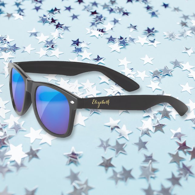 Gafas De Sol Monograma dorado Retro Guay Negro Espejo Fiesta (Gold Monogram Retro Cool Black Blue Mirror Party Sunglasses)