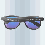 Gafas De Sol Personalizado de matrimonio Groomsman nombre plást<br><div class="desc">¡ELIJA SU MARCO Y LENTES personalizados gafas de sol plásticas! ¡Nombre en un templo,  título de la fiesta de bodas en el otro! "crear el tuyo propio". ¡Los groomsman / groomsmen los amarán! Todos los derechos reservados © 2019 Alan & Marcia Socolik.</div>