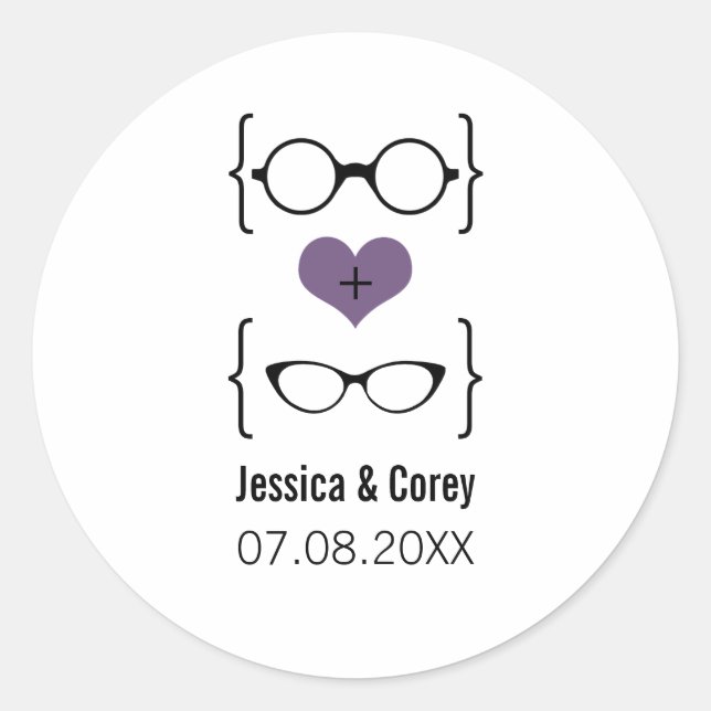 Gafas Geek púrpura Pegatinas de bodas (Anverso)