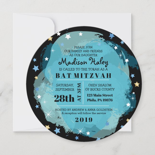 GALAXY Aqua Gold Stars Bar Bat Mitzvah Invitación (Anverso)