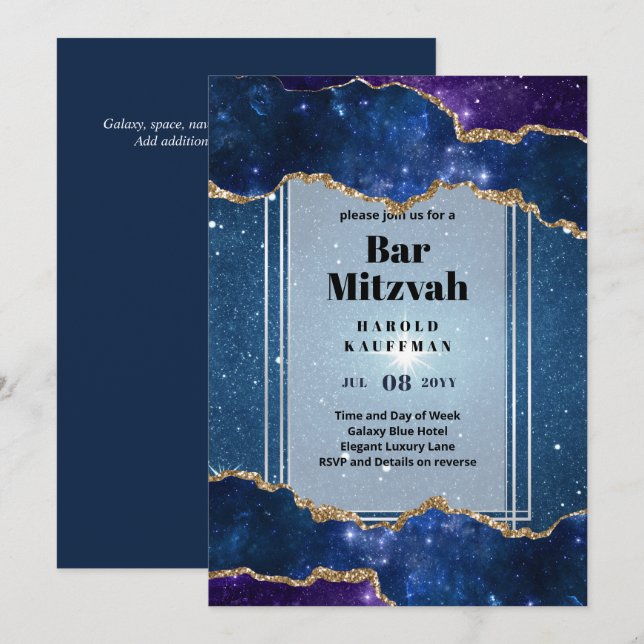 GALAXY Boys BAR MITVAH AGATE Blue Invitación (Anverso / Reverso)
