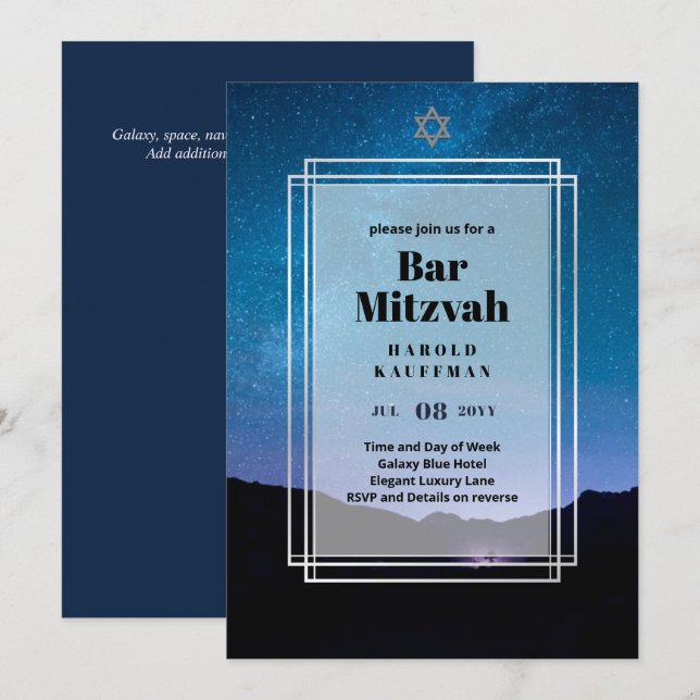 GALAXY Boys BAR MITVAH Espacio Invitación Azul (Anverso / Reverso)