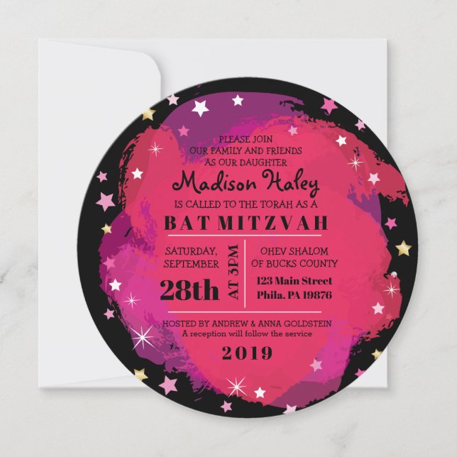 GALAXY Pink Gold Stars Bar Bat Mitzvah Invitación (Anverso)