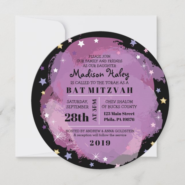 GALAXY Purple Gold Stars Bat Mitzvah Invitación (Anverso)