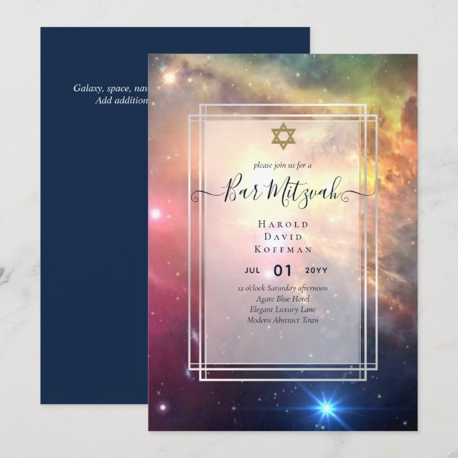 Galaxy Starry Night BAR MITZVAH Invitaciones Azul (Anverso / Reverso)
