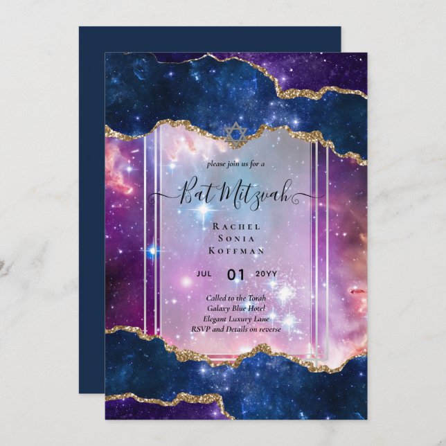 Galaxy Starry Night BAT MITZVAH Agate Invitación (Anverso / Reverso)
