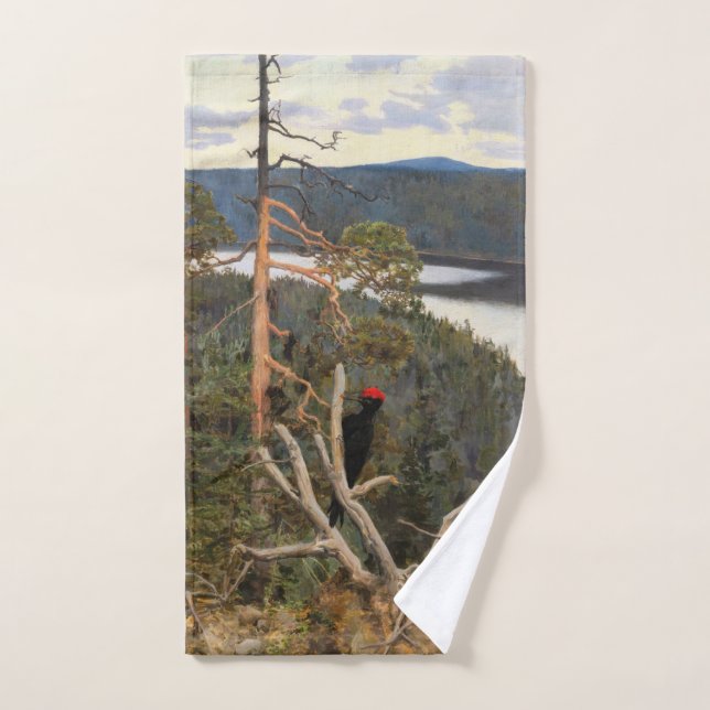 Gallen-Kallela - Grandioso pájaro carpintero negro (Toalla de mano)