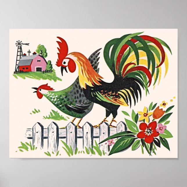 Gallo de impresión de pollo de época y gallina en  (Frente)
