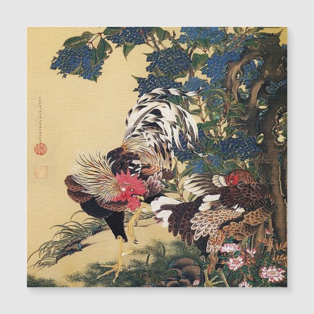 Gallo, gallina y hortensia de Ito Jakuchu (Anverso)