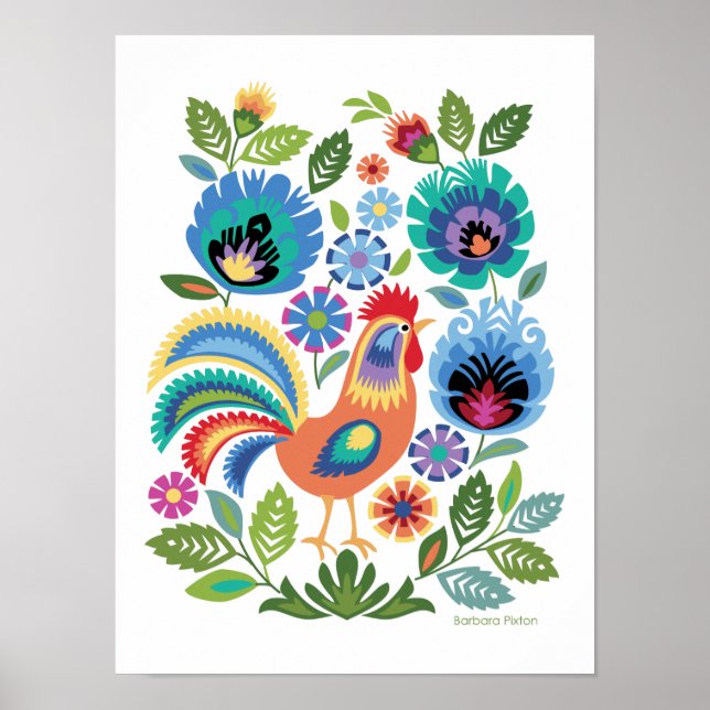Gallo Wycinanki y flores sobre fondo blanco, arte  (Frente)
