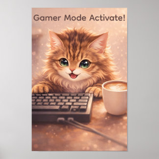 Gamer Anime Gato en Teclado Póster