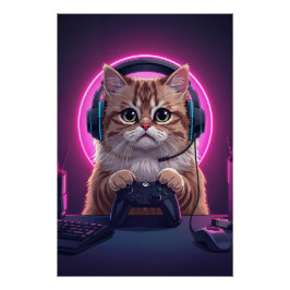 Gamer Cat Kids Poster – Funny Cartoon Kitten