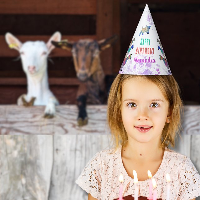 Ganadería de cabras Gorra de cumpleaños feliz (Cute goats farm birthday party custom paper hat with colorful watercolor animal art)