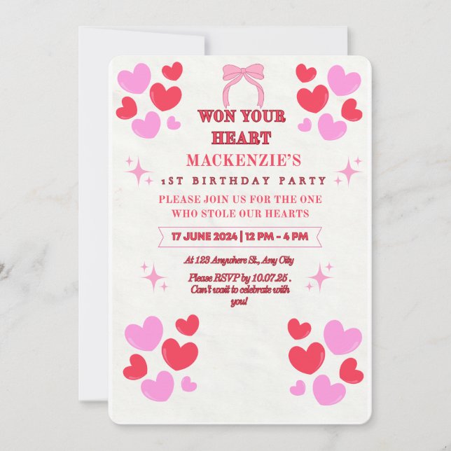 GANÓ TU CORAZÓN, INVITACIÓN AL 1ER CUMPLEAÑOS DE L (Anverso)