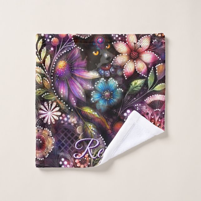 Garden Kitty Cat Floral Abstract Personalized (Toallita)
