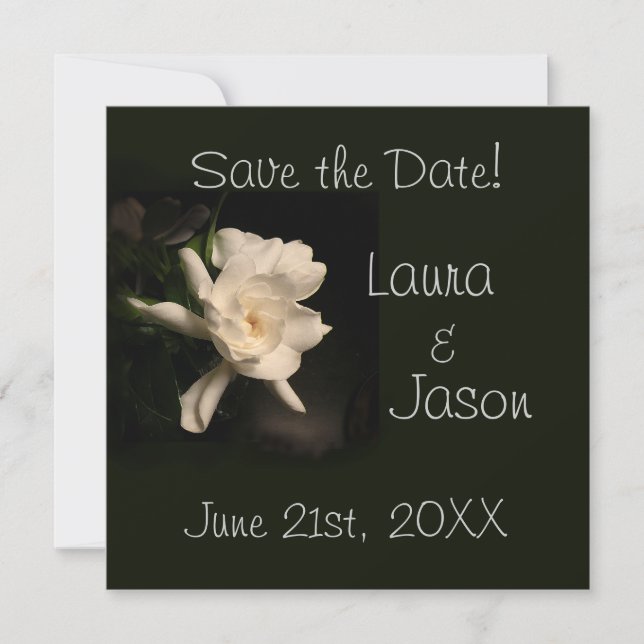 Gardenia blanca tarjeta cuadrada "Save the Date" (Anverso)