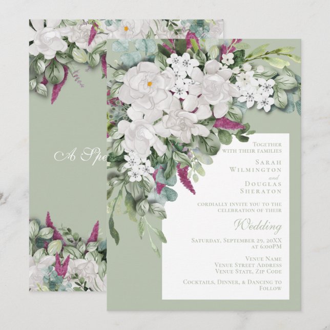 Gardenia / Invitación del Boda de Snapdragon Sage (Anverso / Reverso)