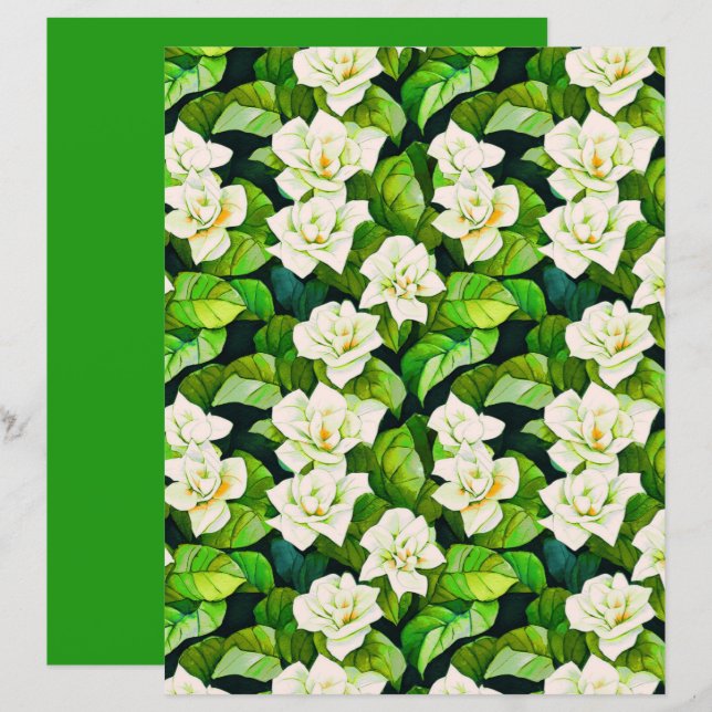 Gardenias blancas y hojas verdes de jade (Anverso / Reverso)