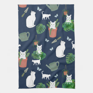 Gardening Cats White Kitty Plants Blue Tea Toalla