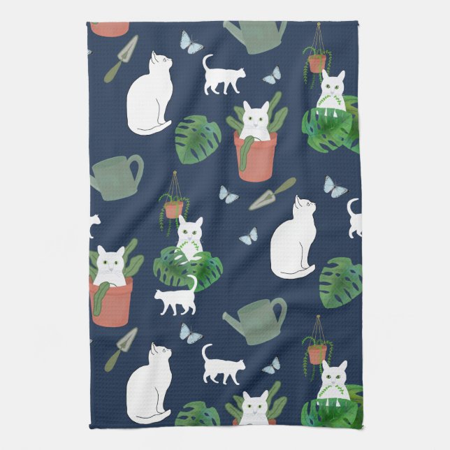Gardening Cats White Kitty Plants Blue Tea Toalla (Vertical)
