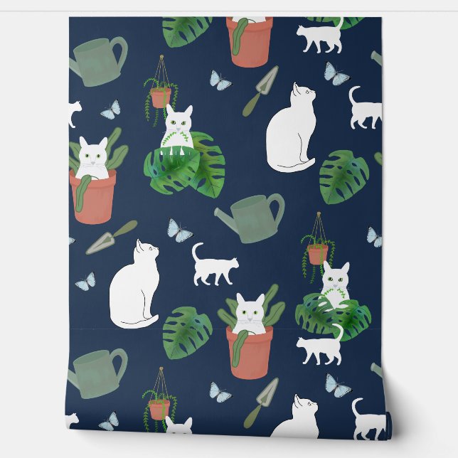 Gardening Gats White Kitty y Plantas en la pared a (Desenrollar)