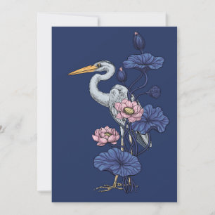 Garza en el jardín de loto rosa sobre azul delpht