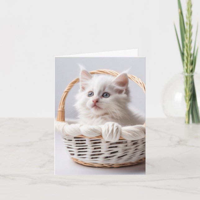Gatito Blanco En Tarjeta De Nota De La Cesta (Anverso)