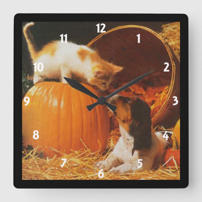 Gatito, calabaza y reloj de pared de cachorro (Anverso)