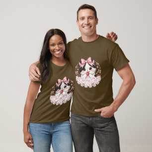 Gatito Cereza Coqueta Lindo Camiseta con Lazo Rosa