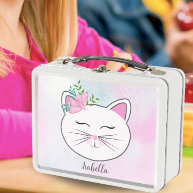 Gatito Con Mariposa Rosa Personalizado (This adorable Kitty lunch box will sure to be a success at school!)