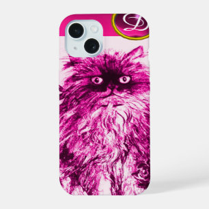 Gatito con rosas fucsia rosadas Monograma de piedr