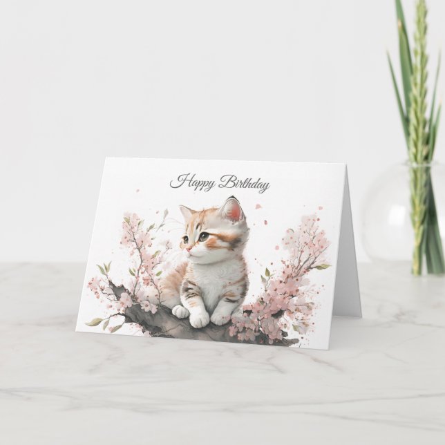 Gatito con tarjeta de cumpleaños de flores rosas (Anverso)