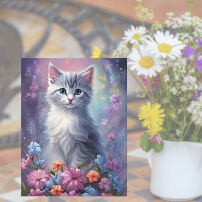 Gatito de fantasía caprichoso en la postal del gat (Magical Blooms, Pawsome Wishes! 🌸😺)
