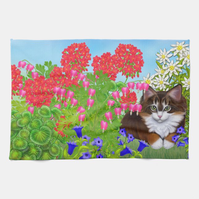 Gatito de la concha en toalla de cocina del jardín (Horizontal)