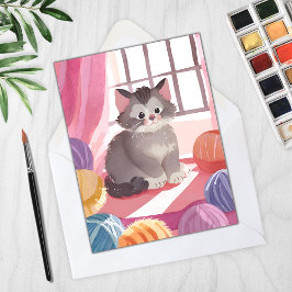 Gatito de ovillo de lana | Tarjeta de pintura de a
