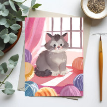 Gatito de ovillo de lana | Tarjeta postal de acuar