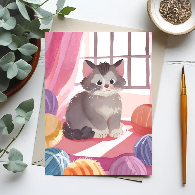 Gatito de ovillo de lana | Tarjeta postal de acuar (Subido por el creador)