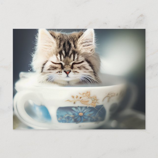Gatito durmiendo en una taza de té - postal para g (Anverso)