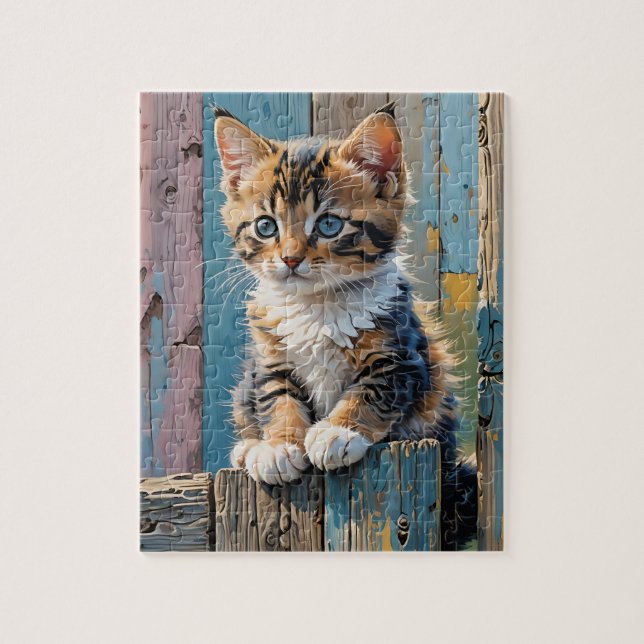Gatito en la cerca del rompecabezas de Jigsaw (Vertical)