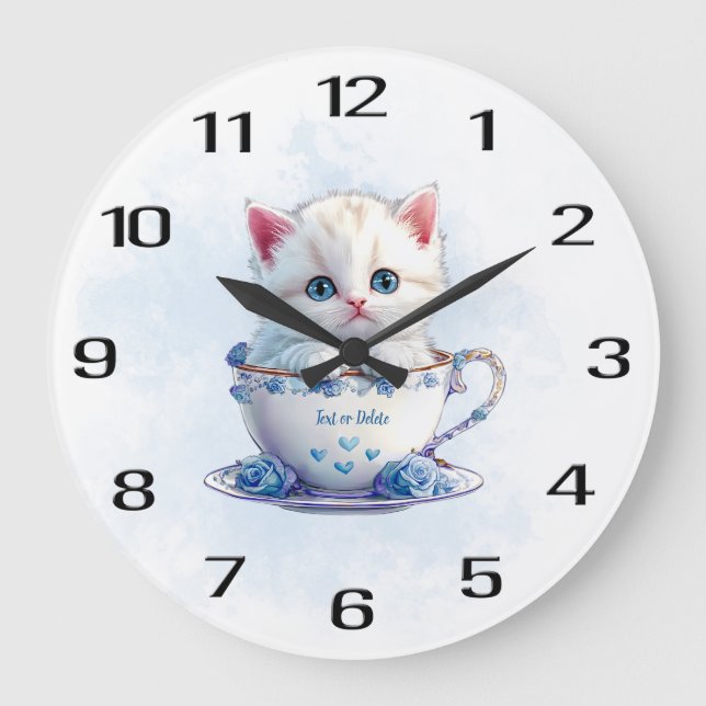 Gatito en la copa Flores azules reloj de pared (Anverso)