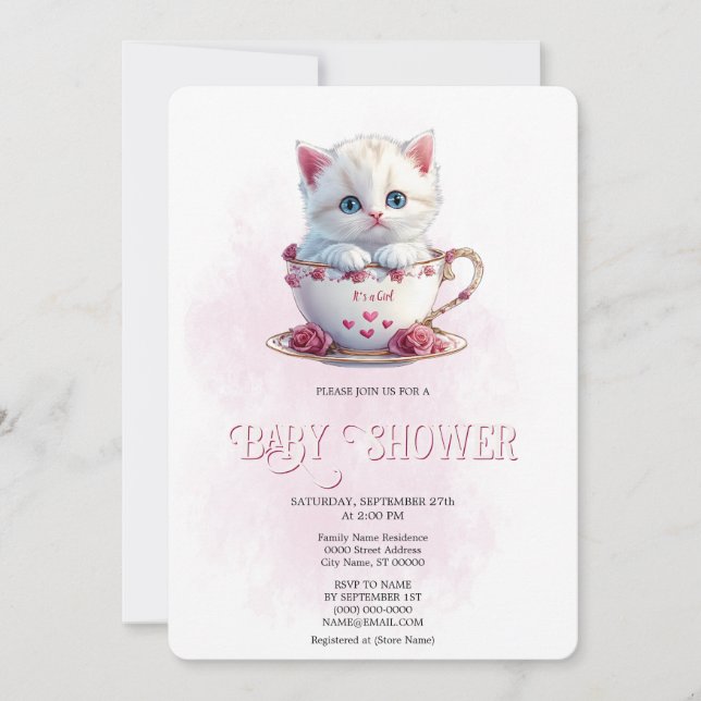 Gatito en la copa Flores rosas Invitación de Baby  (Anverso)