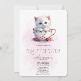 Gatito en la copa Flores rosas Invitación de Baby 