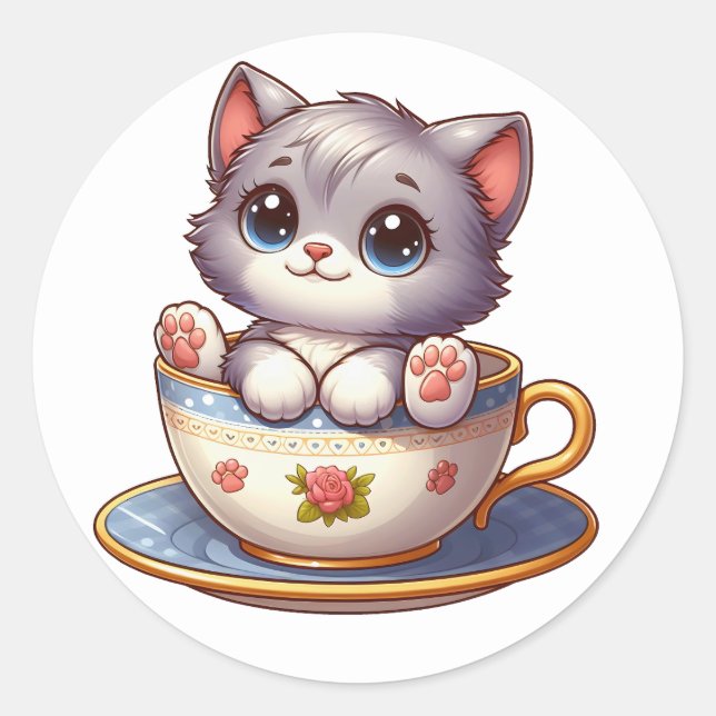 Gatito en Pegatinas de la taza de té (Anverso)
