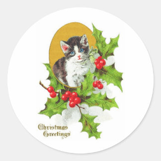 Gatito en Pegatinas navideños holly vintage