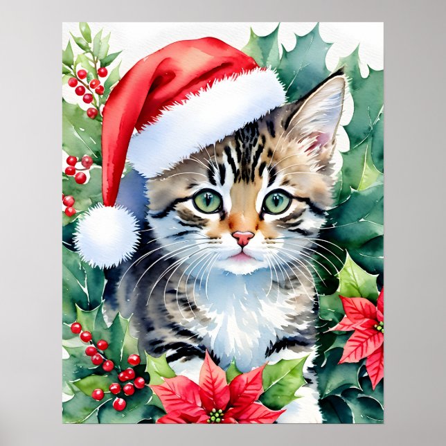 Gatito En Santa Hat Navidades Arte Acuático (Frente)