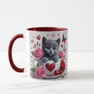 Gatito en taza azul ruso de San Valentín