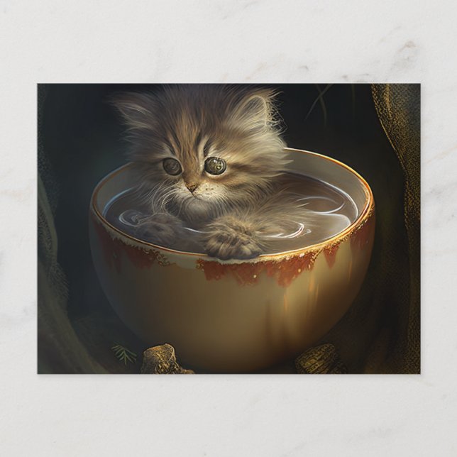 Gatito en una taza de té amarilla - postal para ga (Anverso)
