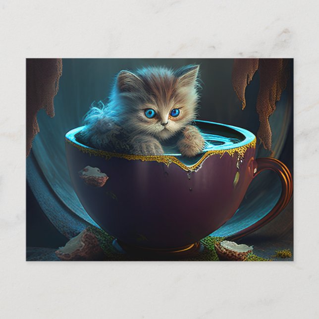 Gatito en una taza de té de marrón - Postales de g (Anverso)