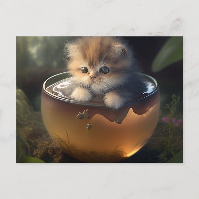 Gatito en una taza de té naranja - Postales para g (Anverso)